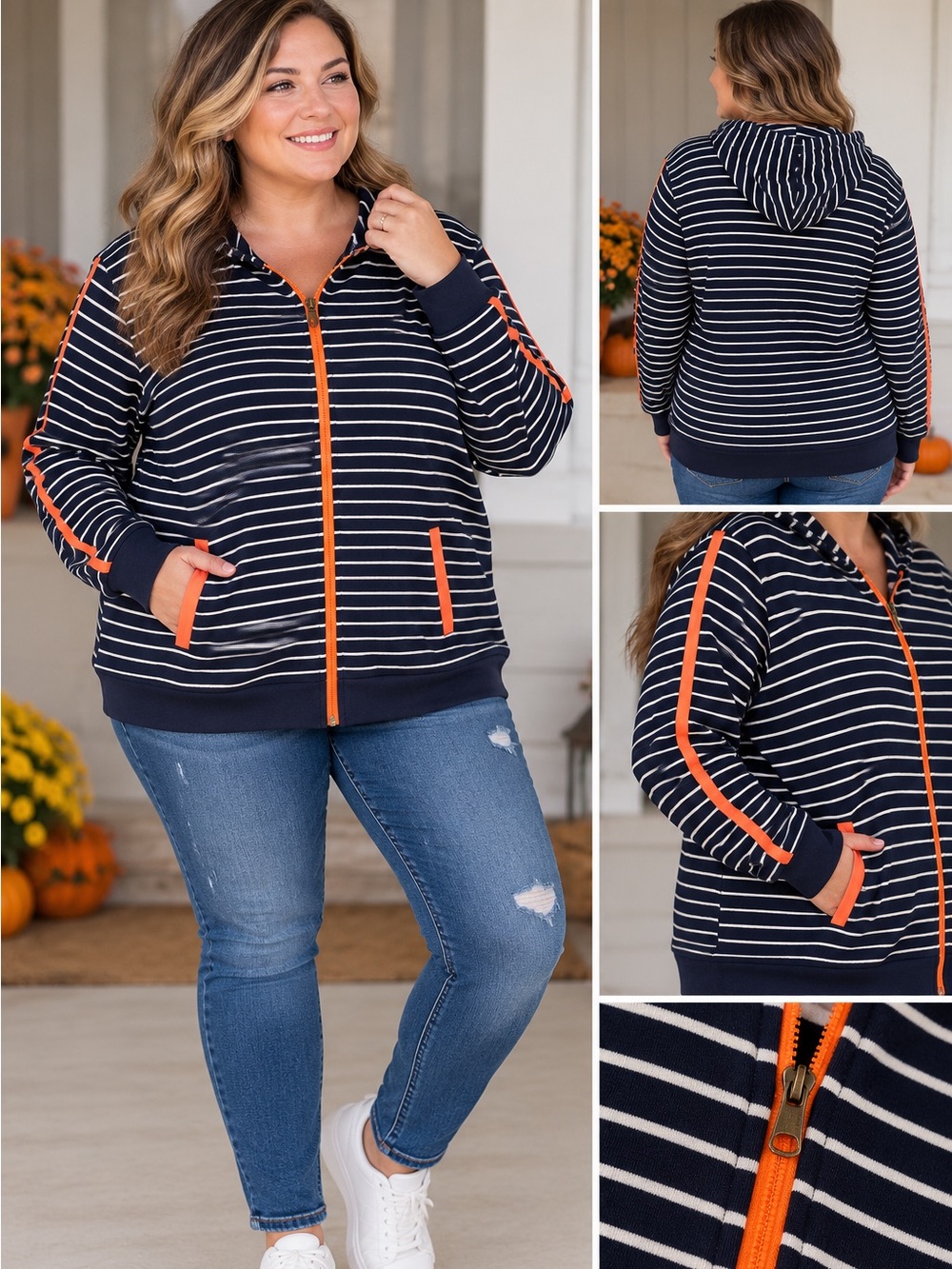 Sag Harbor Striped Full Zip Hoodie Navy White Orange Women’s Plus Size 2X